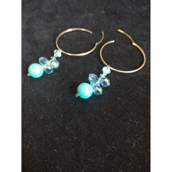 Sterling Silver Dangling Hoop Earrings Turquoise Beaded Native American Jewelry - Picture 4 of 4
